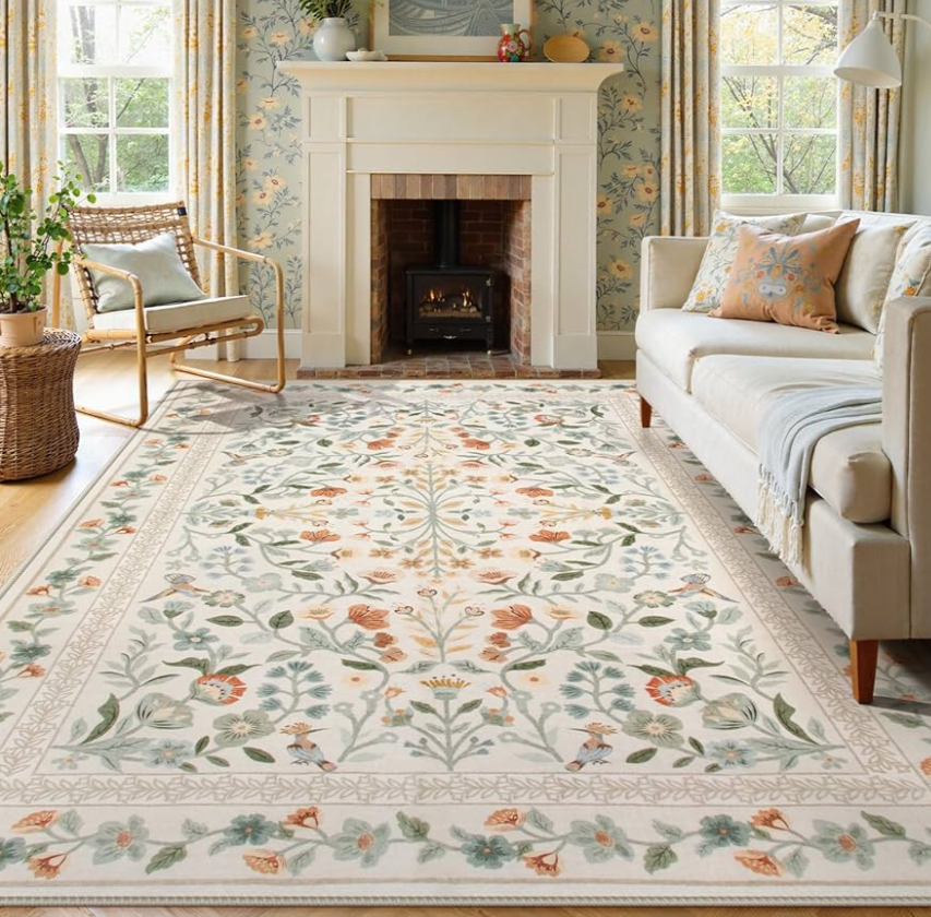 Lahome Floral Area Rug 9x12, Non-Slip Untra-Thin Washable Living Room Rugs, Vintage Botanical Print Low-Pile Soft Botanical Rug for Bedroom Dining Room Office, Beige