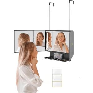 Dripex 3 Way Mirror with Storage Shelf and 3 Color LED Lights, Rechargeable Trifold Self Haircut 360 Mirror with Height Adjustable Hooks for Makeup, Styling, Shaving, Braiding, Dye Hair (Black)