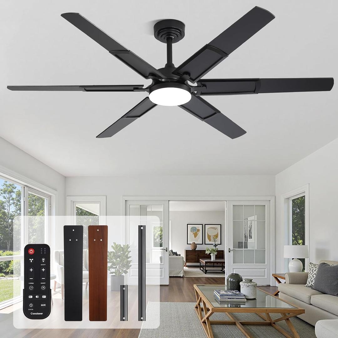 60 Inch Ceiling Fans with Lights and Remote, Living Room Office Library Cafe Indoor Outdoor Industrial, 5CCT Dimmable, Dual Color 6 Blades, 6 Speed Reversible Quiet DC Motor, Black/Wood Grain