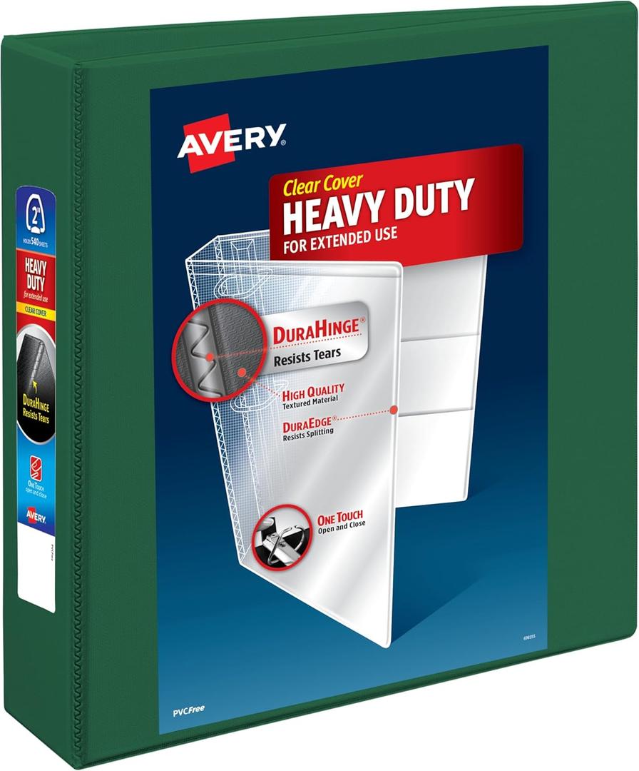 Avery Heavy-Duty View 3 Ring Binder, 2 Inch One Touch EZD Rings, 540-Sheet Capacity, 2.8 Inch Wide Spine, Customizable Clear Cover and Spine, 1 Green Binder (79683)