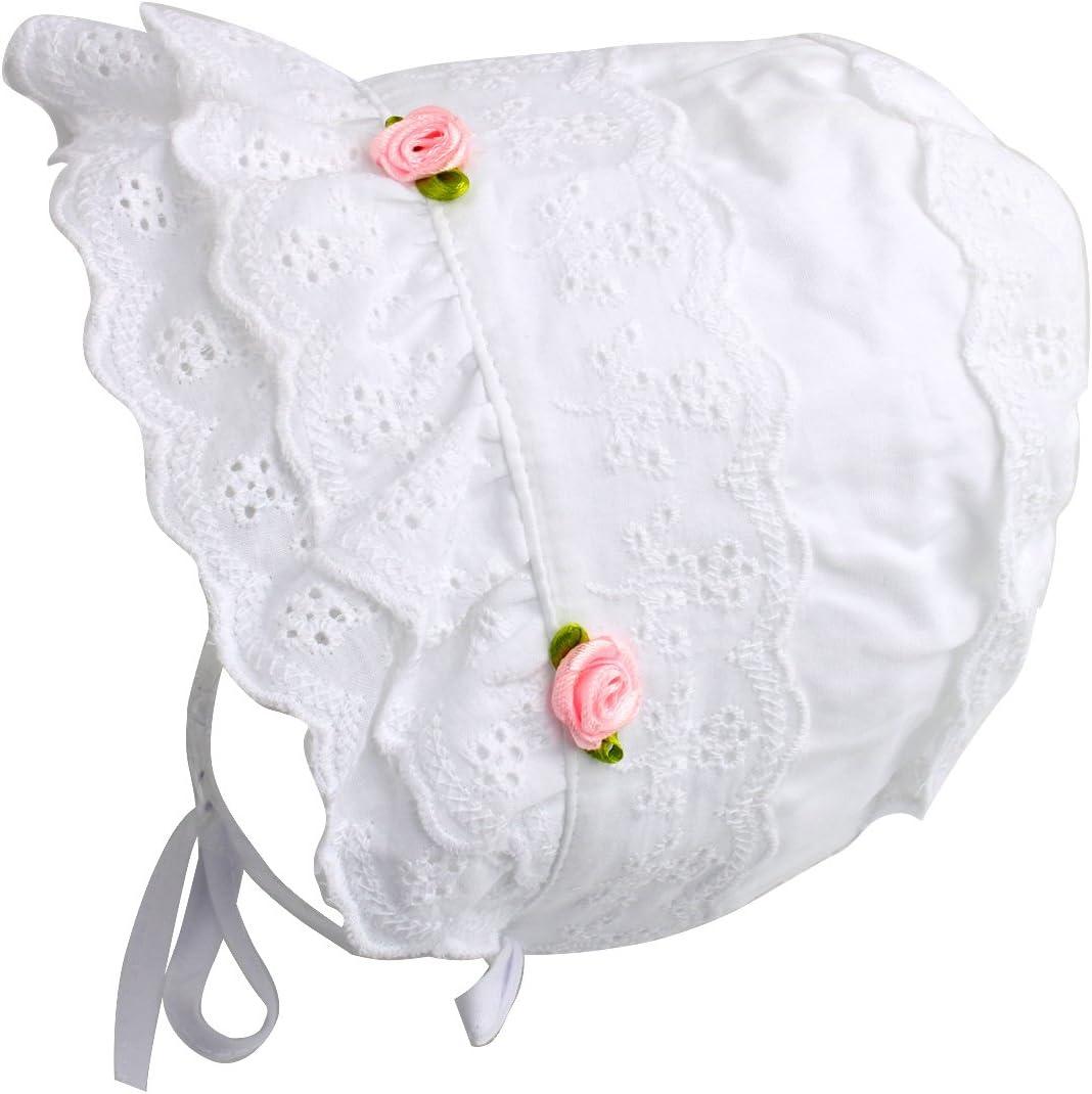 Cap Baby Girls 100% Cotton Double Brimmed Eyelet Lace Bonnet with Flowers (White)