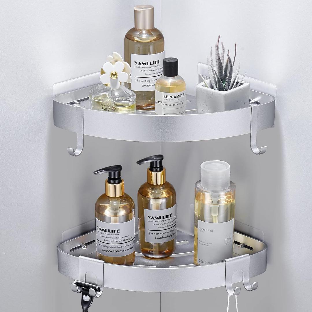 DUFU Adhesive Corner Shower Caddy with Hooks,Bathroom Shower Organizer, No Drilling Rust Proof Aluminum Shower Shelf for Inside Shower 2 Pack (Silver)