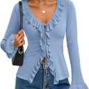 ZESICA Womens 2026 Fall Tie Front Bow Cardigan Sweaters Long Bell Sleeve V Neck Ruffled Knit Cropped Trendy Tops (Medium, Blue)