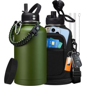 Stainless Steel Water Bottles 64oz - Insulated Half Gallon Water Jug with Straw & Chug Lid, Metal Tactical Canteen for Gym Sports Workout Hiking with Paracord Handle, Strap Carry Sleeve, Army Green