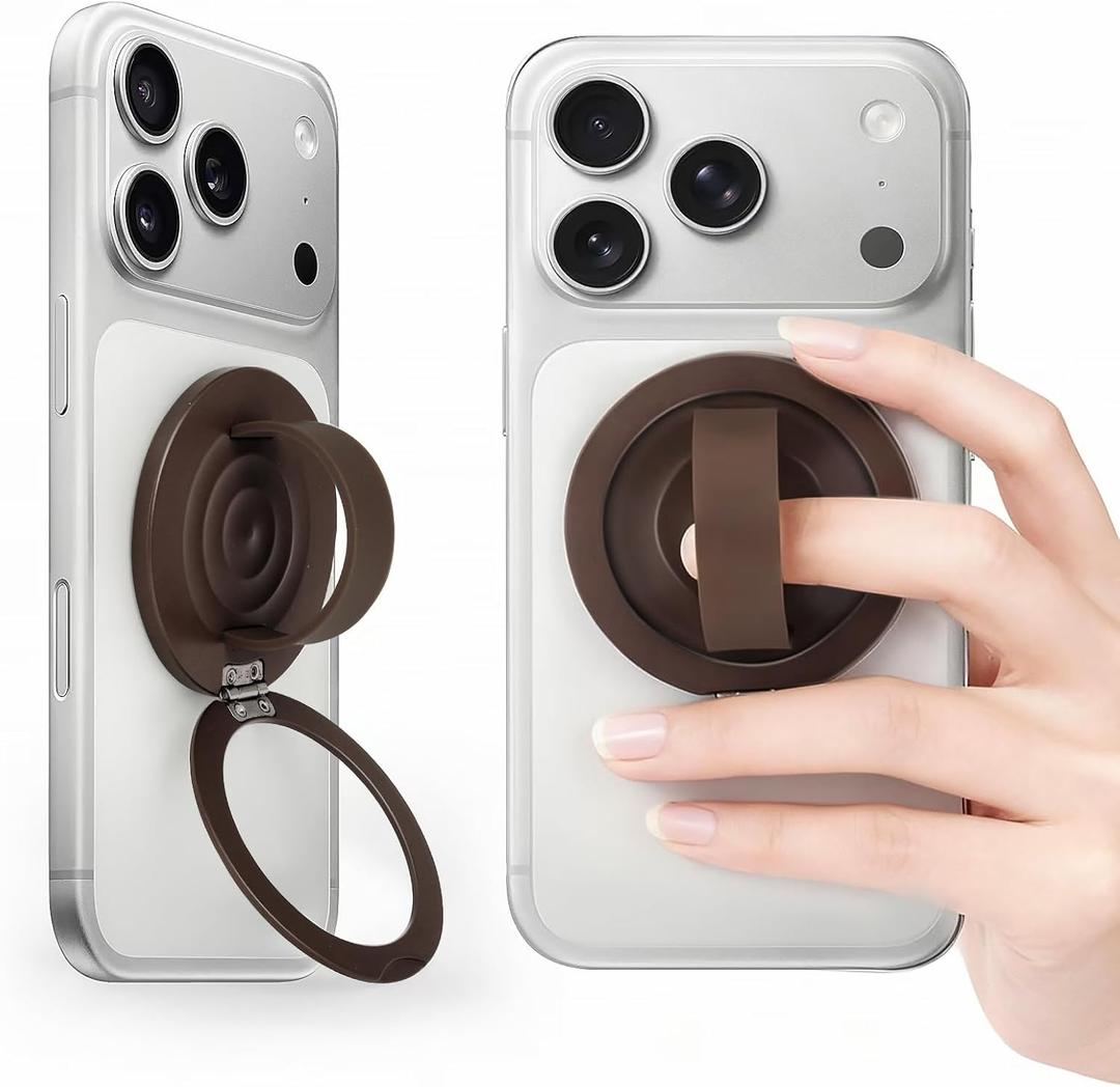 Upgraded Magnetic Phone Grip&Phone Stand, Liquid Silicone Soft and Portable Phone Ring, Removable Finger Loop Ring Grip Holder for iPhone, Strong Magnetic , Compatible with MagSafe Phone Case Brown