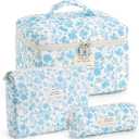 Makeup Bag for Women 3PCS Quilted Cotton Make Up Bag Travel Cosmetic Bag Large Makeup Bag Set Cute Bag Organizer Floral Toiletry Pouch for Purse, Azure Blue