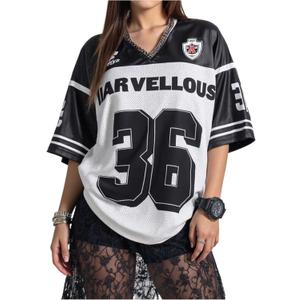 Verdusa Women's Y2k Jersey Shirt Baggy Shirt Oversized Tshirts Leopard Print V Neck Tshirt Tops (S)