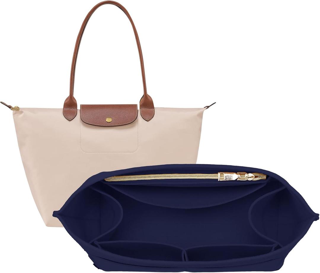 OPPOSHE Purse Organizer Insert for Longchamp Le Pliage, Premium Felt Long Champ Bag Handbag Women, Tote Organizer Insert with 9 Compartments (Medium, Navy) (M-10.4*5.7*7.9in)