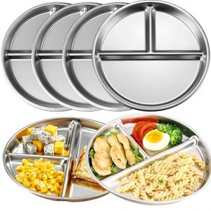 MYOVPLUT Stainless Steel Kids Plates Set of 6, 9 Inch Divided Plate for Adults and Toddlers,Metal Portion Control Plates for Balance Lunch, Bariatric & Diabetic Diet,Unbreakable,Dishwasher Safe