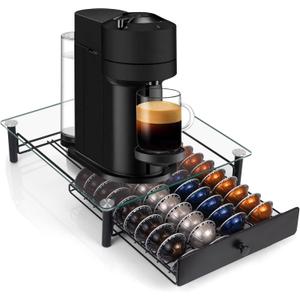 Tempered Glass Coffee Pod Drawer,Nespresso Vertuo Pod Holder Drawer for 401.35/2.7 floz) Vertuoline Pod, Nespresso Capsule Organizer Compatible with Vertuo Next Vertuo Plus,14.76"D x 12.99"W x 3.5"H