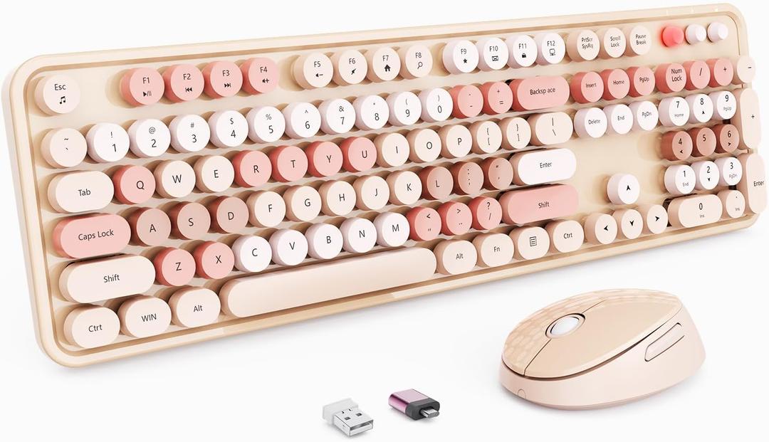 Wireless Keyboard and Mouse, Full-Size Typewriter Keyboard with Retro Round Keycaps, Ergonomic Design, Compatible with Windows PCs, Ideal for Home and Office. (Milk Tea) (Brown)
