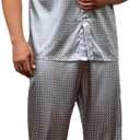 WDIRARA Men's 2 Piece Pajama Set Geo Print Satin Button Down Short Sleeve Sleepshirt With Pants (3X-Large, Grey)