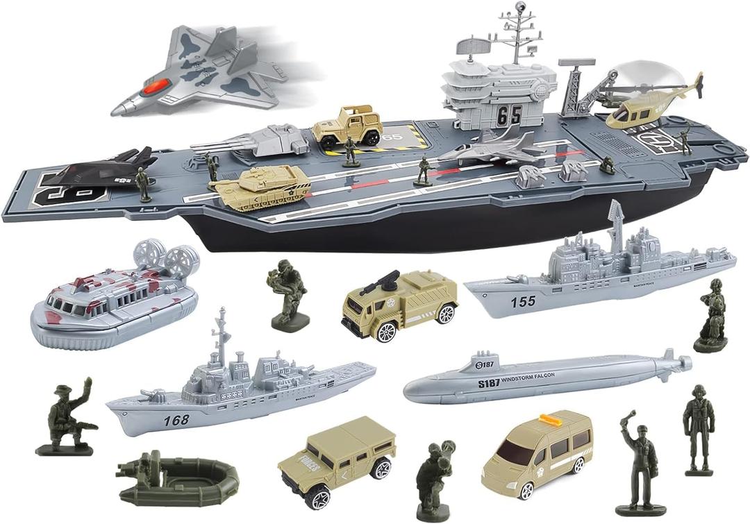 deAO Aircraft Carrier Toy Army Men with Scale Model Warplanes Warships Military Vehicles Battleship Planes Helicopter Trucks Tank Toys for Kids Boys Girls 28 Inches
