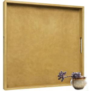 25 x 25 inches Leather Ottoman Serving Tray with Hole Handles, Square Large Modern Service Tray for Living Room, Coffee Table, Bed, Tea, Food, Butler Countertop, Kitchen, Dinner, Picnic (Brown)