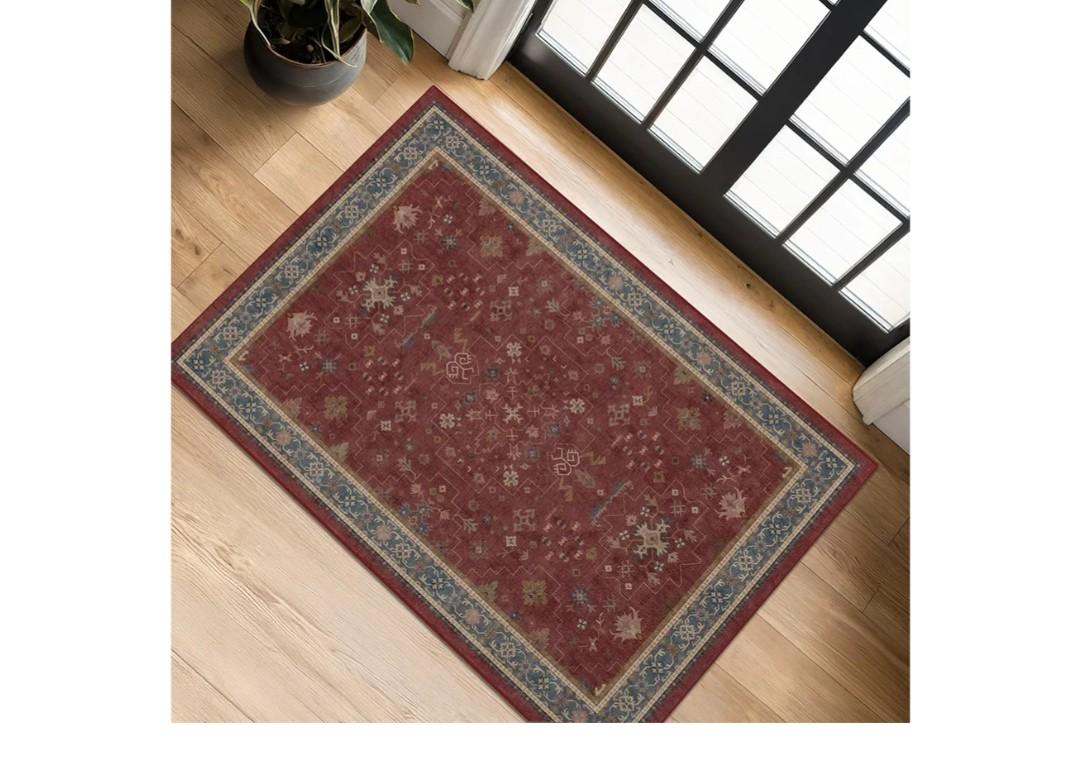 Burgundy 2x3 Washable Rugs for Entryway Indoor, Boho Kitchen Rug for Floor, Bathroom, Doormat Indoor Entrance, Waterproof Non Slip Low Pile Stain & Fade Resistant, Modern Eclectic Floral Decor