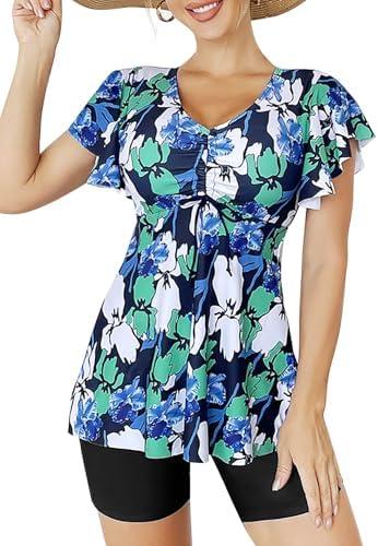 Tesuwel Womens Tankini Bathing Suits with Shorts High Waisted 2 Piece Swimsuit Modest Ruffled Short Sleeve Swim Suit Size L