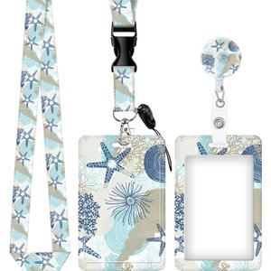 ID Badge Holder with Retractable and Detachable Lanyard, Cute Badge Reel Breakaway Lanyard with Carabiner Clip for Teachers, Nurses, Perfect Work and Office(Cute Algae Corals Seashells)