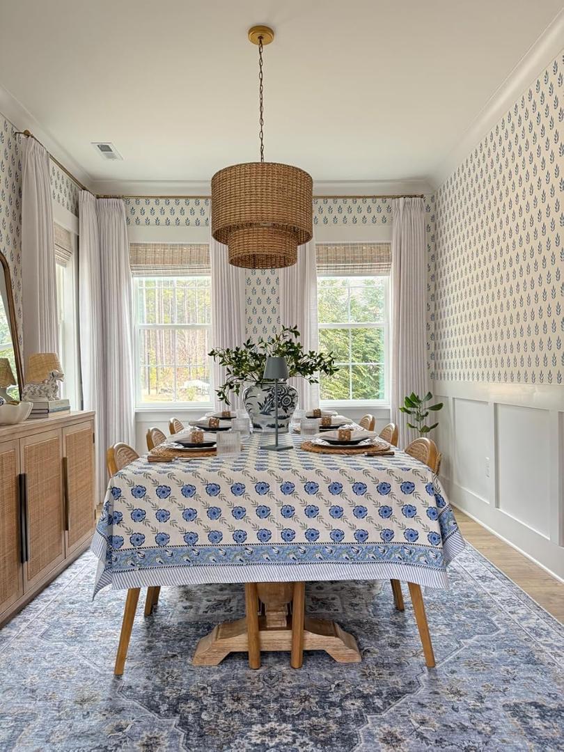 Handcrafted Hand Block Print Tablecloth 8 Seater Rectangle 60x108 Inch - Floral Canvas Cotton - Fall & Holiday Dinner Collection - Washable Reusable Sustainable Gift-Boxed - Blue & White (Blue Dutch Delft Blossoms)