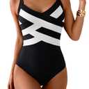 Aidonger One Piece Swimsuit for Women Modest Full Coverage Bathing Suit Slimming Color Block V Neck Swimwear, Black White, M