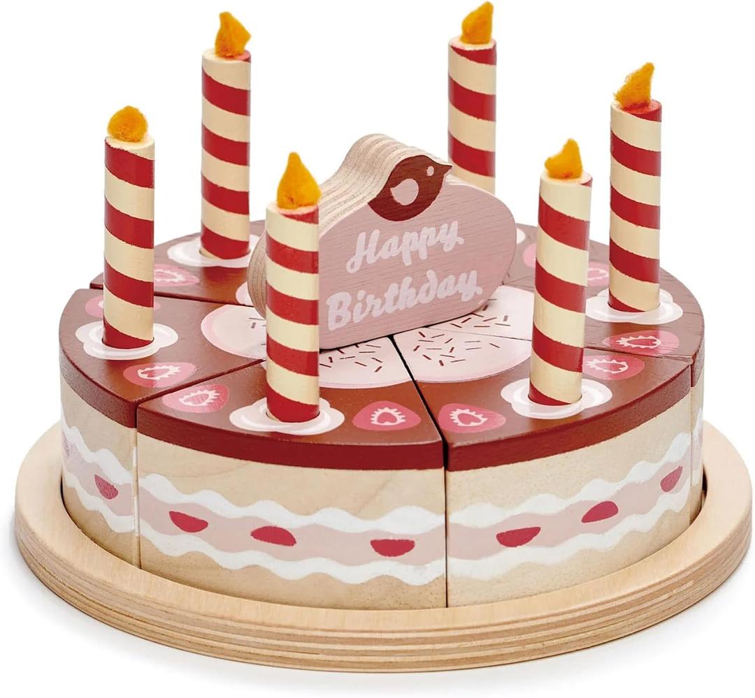 Tender Leaf Toys - Chocolate Birthday Cake - Pretend Play Food Toy with Candles and Plate, Birthday Party Decoration or Gift for Kids - Develops Social Skills and Imaginative Play for Kids - Age 3+