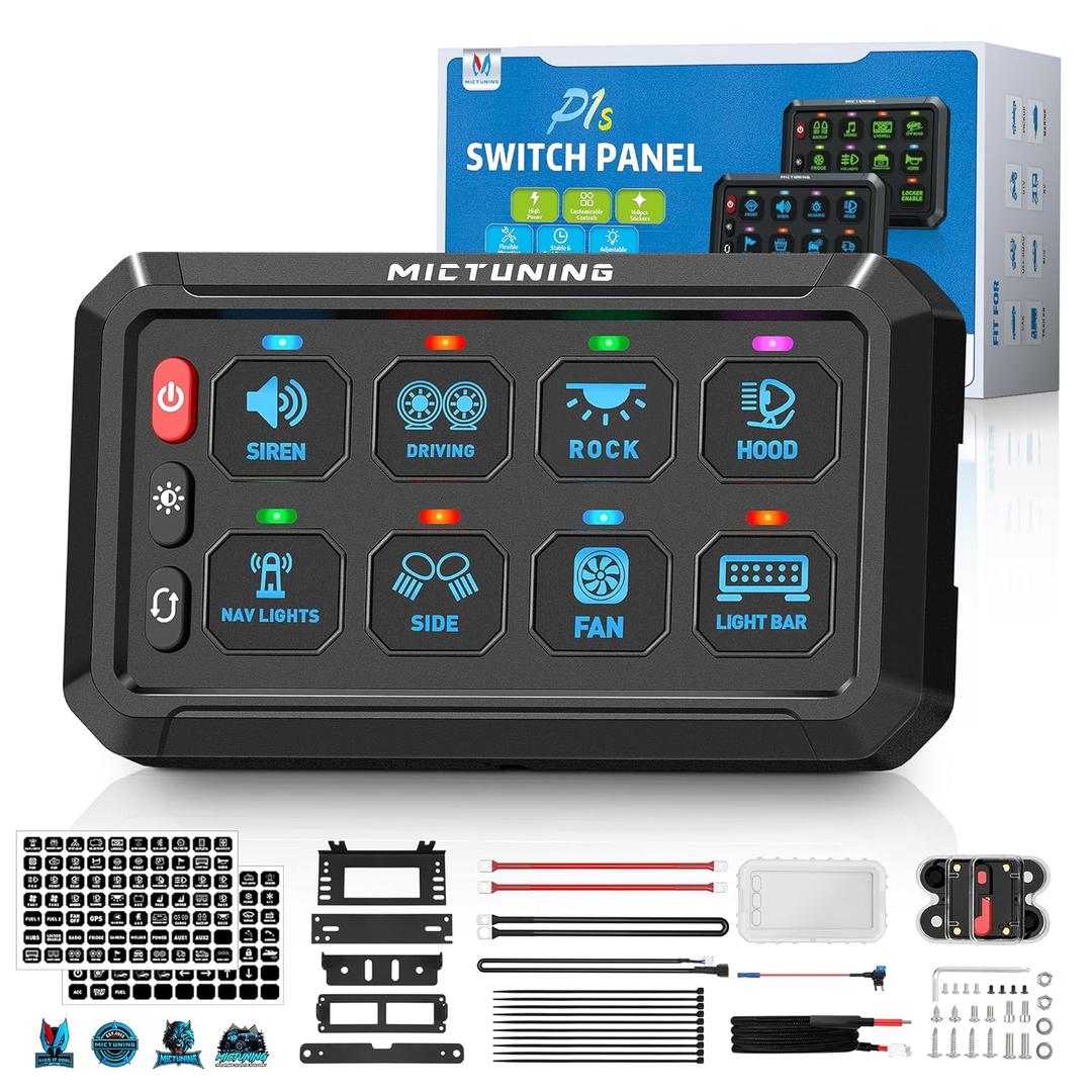 MICTUNING P1S-B08 Blue 8 Gang Switch Panel High Power 6 Level Brightness Multifunction Toggle Momentary Flash Strobe Car Touch Switch Box Universal for Truck ATV UTV