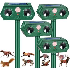 2026 Upgraded Ultrasonic Solar Animal Repellent Deer Repellent Devices Cat Deterrent Outdoor with Motion Sensor Animal Repeller to Raccoon Squirrel Dog Skunk with lP44 Waterproof for Yard Lawn 4 Pack