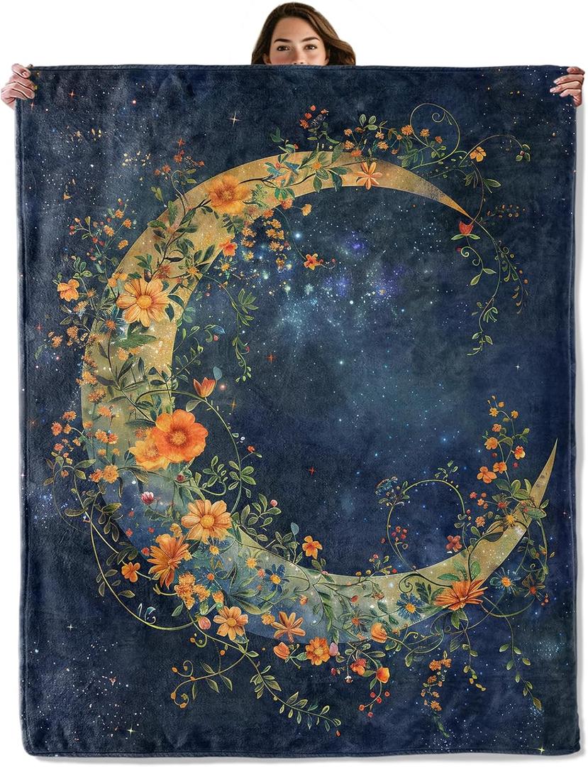 Moon and Flowers Throw Blanket for Boys Girls Kids Adults Women, Fuzzy Warm Soft Cozy Flannel Blankets Gifts for Bedroom, Couch, Travel, Home Decor 50x60 in