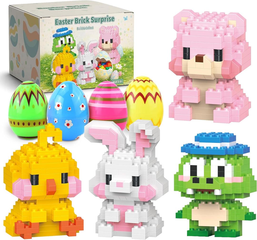 TAHAVICE 4 Pack Prefilled Easter Eggs Filler with Mini Cute Animal Building Block Set, Easter Basket Stuffers Essentials for Teen Kids,Party Favors for Boys Girls Adults Ages 6+