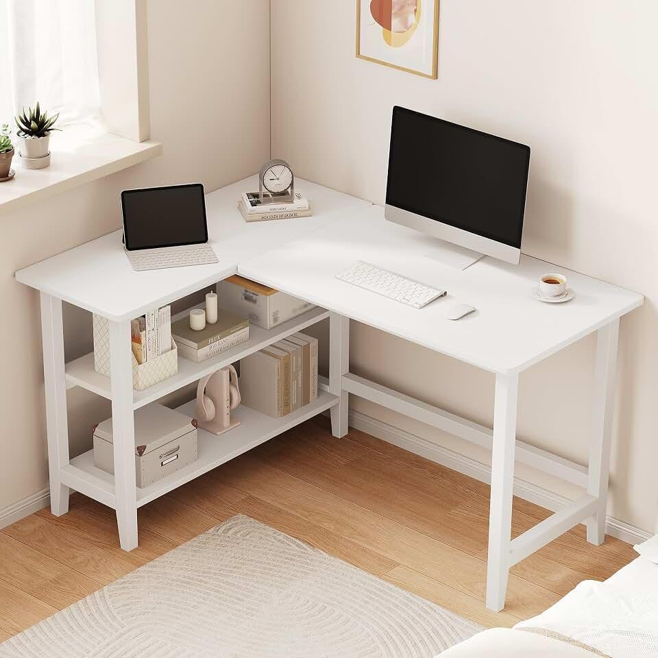 IOTXY 45" Reversible L-Shaped Office Desk with Storage Shelves, White | Solid Rubberwood Legs, 0.6" MDF Desktop, Reversible 2-tier Shelves, Compact Corner Computer Table for Small Spaces