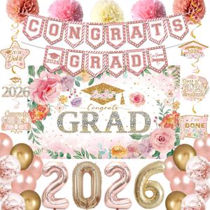 Holkcog 2026 Graduation Decorations, Pink Class of 2026 Congrats Graduation Floral Backdrop, Balloons, Paper Pompoms for Graduation Party Decorations, Outdoor Indoor College Grad Party Decorations