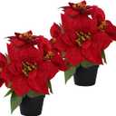 Poinsettias Flowers Artificial 2 Pack Red Faux Christmas Poinsettia Plant Small 11 Inch Winter Flowers for Home Office Table Decorations Indoor Xmas Ornament Red