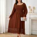 2 x SHESTARR Women's Plus Size Maxi Dress Long Sleeve Square Neck Smocked Flowy A-Line Lace Trim Wedding Guest Dresses (XXL)