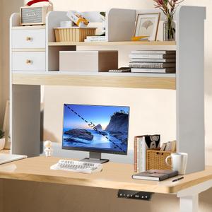 Desktop Bookshelf, High-Capacity Desk Hutch Organizer, Over Desk Shelf Dorm with 2 Drawers, Wood Expandable Desktop for Office, Home, Dorm (White)