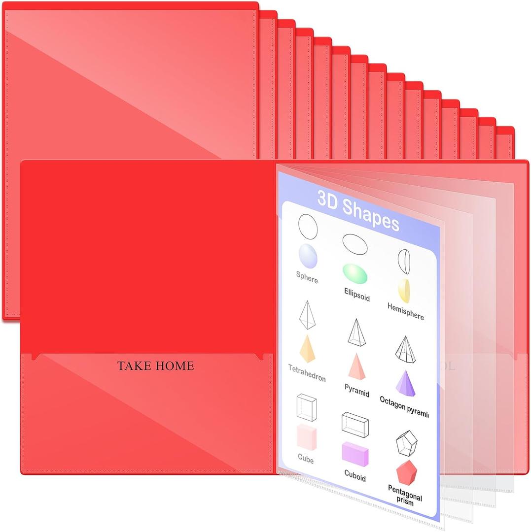 Henoyso 24 Pcs School and Home 2 Pocket Folders with 4 Clear Inner Pockets Plastic Heavy Duty Homework Folders Parent Teacher Communication for Student Home Office Classroom,11 x 9 Inch (Red)