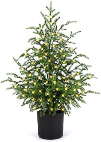 ENVEN 2FT Artificial Norfolk Pine Christmas Tree – Tabletop Faux Tree Unlit/Prelit with 50 LED Lights & 8-Function Battery Box, Pre-Assembled Holiday Decor for Home or Office (Prelit-2FT-1Pack)