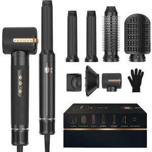 Blow Dryer Brush 7inONE,110000RPM High-Speed Negative Ionic Hair Dryer with Diffuser Concentrator,Curling Iron Hair Straightener (Black Gold)