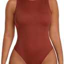 TROPICA LOVE Women's Shapewear Bodysuit Double Lined Tummy Control Compression Body Shaper Crew Neck Sleeveless Thong Top (Brown, XL)