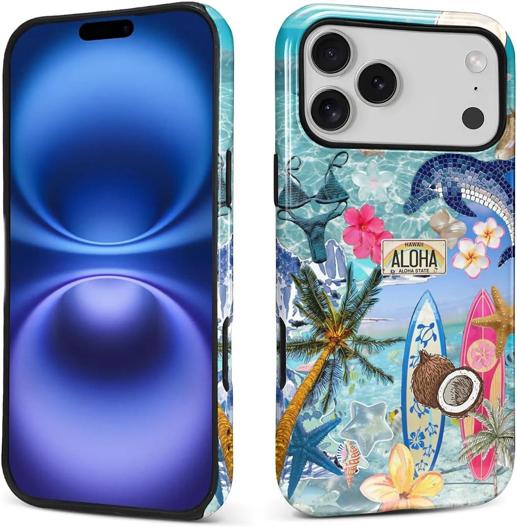 MQJCYB Case for iPhone 17 Pro Max,Hybrid Heavy Duty 2 in 1 Full Body Rugged Shockproof Protection Glossy Case for iPhone 17 Pro Max Coconut Ocean Inspired Style