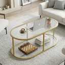 Wolawu Coffee Table Gold Glass Coffee Table for Living Room,2 Tiers Oval Center Table with Sturdy Metal Frame,Modern Tempered Glass Accent Table for Bedroom Home Office