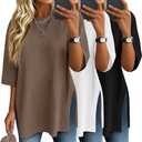Baggyfly 3 Pack Women's 3/4 Sleeve Waffle Knit Tops Oversized Crewneck T-Shirts Loose Casual Blouses Side Split Tees, Size XL