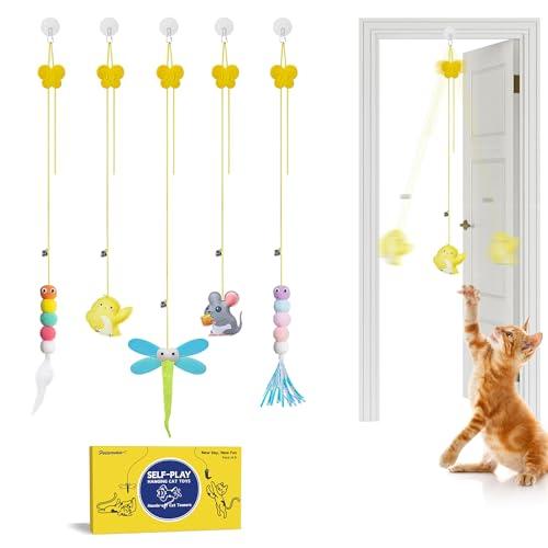 Potaroma Interactive Cat Feather Toys 5 Pcs, Cat Teaser Retractable Hanging Indoor Kitten Play Chase Exercise, Mental Physical Stimulation for All Breeds and Species