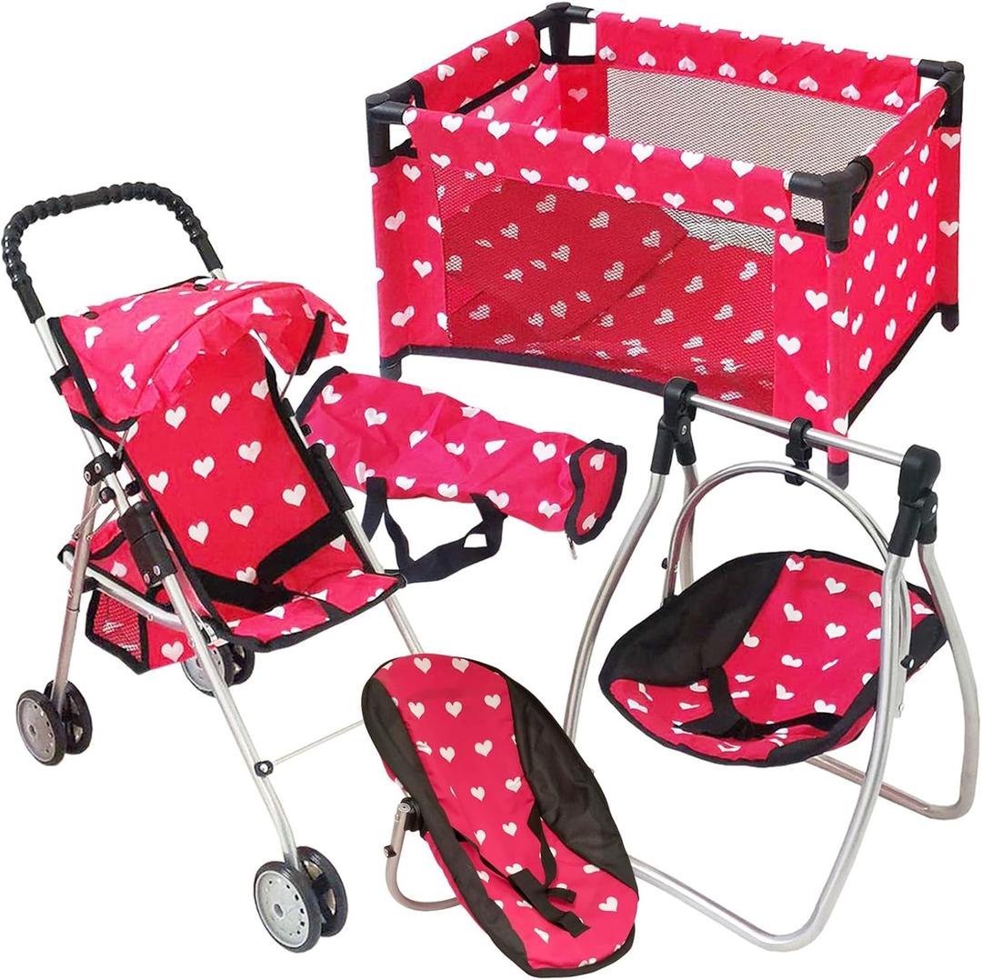 Deluxe Baby Doll Stroller with Crib Furniture Playset, Multi Baby Doll Accessories Set for 18" Dolls, Includes Doll Stroller Swing and Doll Bed Pretend Play for All Dolls - Pink