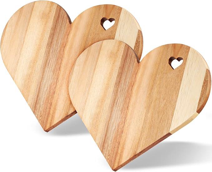 Lounsweer 2 Pcs Heart Shaped Cutting Board, 12 x 10 Inch Heart Acacia Wood Bread Board Decorative Cheese Serving Platter Tray Wooden Charcuterie tray for Meat Cheese Vegetables Valentine's Day Gifts