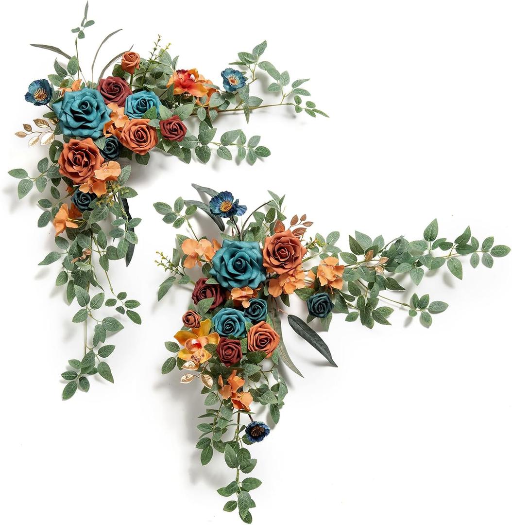 Ling's moment 2PCS Burnt Orange Artificial Flower Garland Wedding Arch Flowers Floral Swags Centerpieces Teal Blue Rose Terracotta Garlands Greenery for Table Easel Wall Entryway Board Backdrop