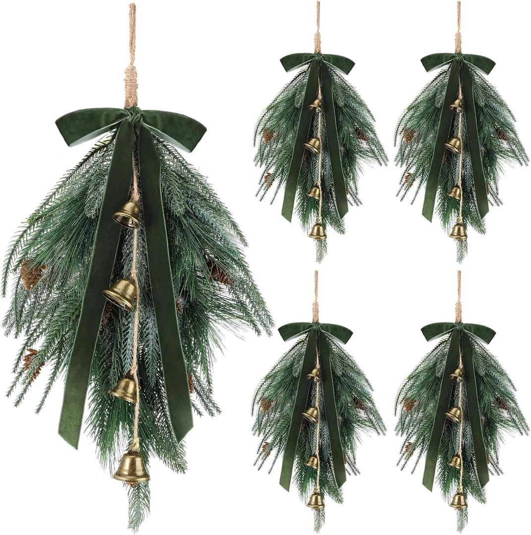 Shihanee 4 Pcs 24" Christmas Teardrop Swag Rustic Door Swag Teardrop Wreath Artificial Norfolk Pine Hanging Garland Greenery with Bell Velvet Bow for Outdoor Mantle Fireplace (Green,23.6 Inch)