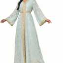 Abaya Muslim Dress for Women V Neck Belted Embroidered Floral Maxi Kaftan Islamic Dubai Arabian Evening Dress, Light Green, Large