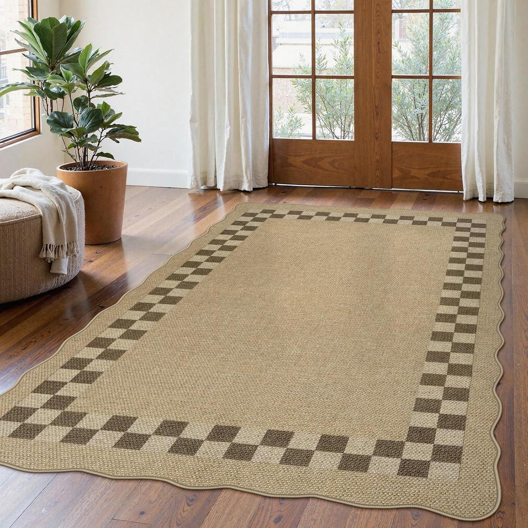 LIVEBOX Easy Jute Checkered Rug for Living Room, Scalloped Washable 5x7 Tan Rugs for Bedroom, Geometric Farmhouse Indoor Outdoor Non-Slip Rug Dining Room Mat Morden Carpet Area Rug for Office