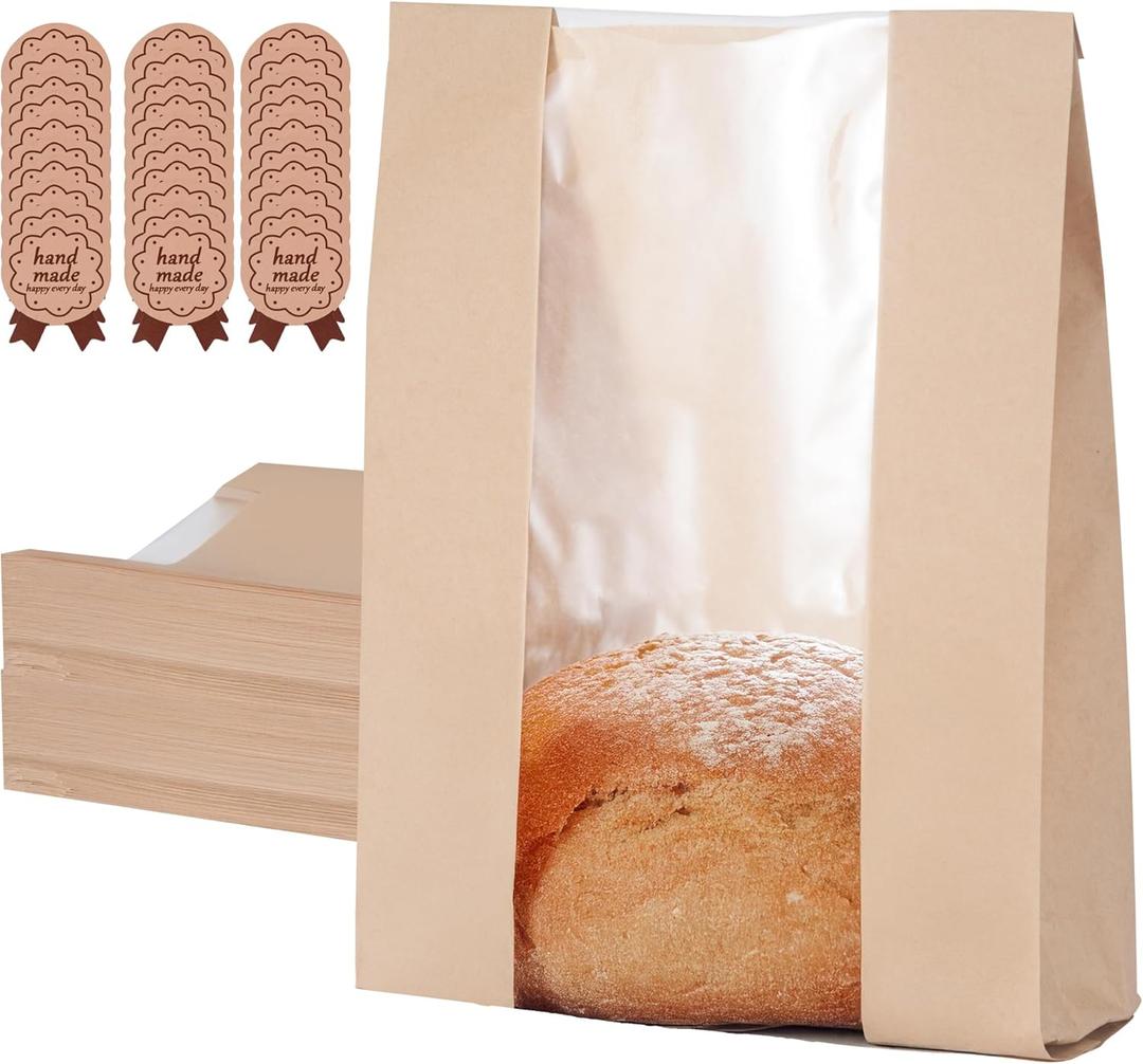 110 Pack Bread Bags for Homemade Bread 13.8" x 8.3" x 3.55",Sourdough Paper Bread Bags With Window,125 sealing stickers A Large Bakery Bags Used for Storage Bread Cookies & Snacks