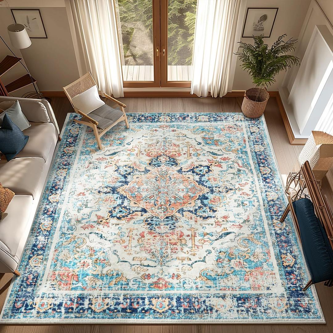 Topllen Washable Area Rug - Area Rug 6'x9' Boho Soft Living Room Rug, Non-Slip Large Area Rugs Indoor for Dining Room Livingroom Bedroom, Vintage Rug (Multi, 6x9ft)