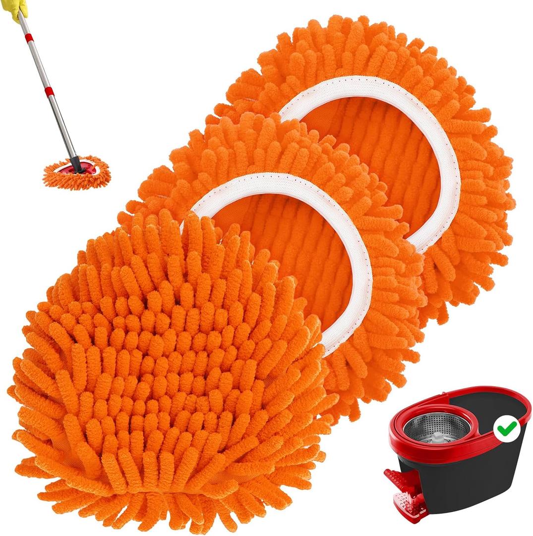 Baderke 3 Pack Chenille Mop Heads Replacements Compatible with 1 Tank System Chenille Duster Replacement Heads Microfiber Spin Mop Refill Pads Reusable Dust Refills for Floor Cleaning (Orange)